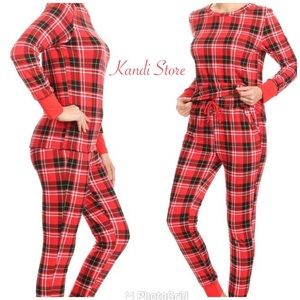 Fleece Lined, Plaid Two Piece Pajamas Set